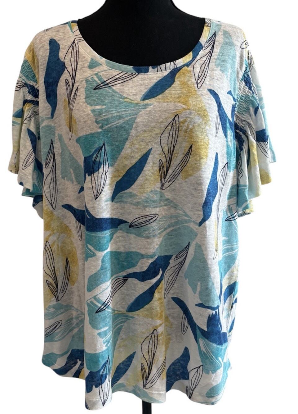 Chico’s Linen Beach Smocked Sleeve Tee Alabaster 3 NWT